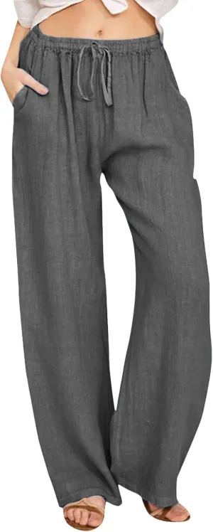Linen Pants Women High Waist Wide Leg Pants Summer Cotton Linen Pants Casual Beach Trousers with Pockets