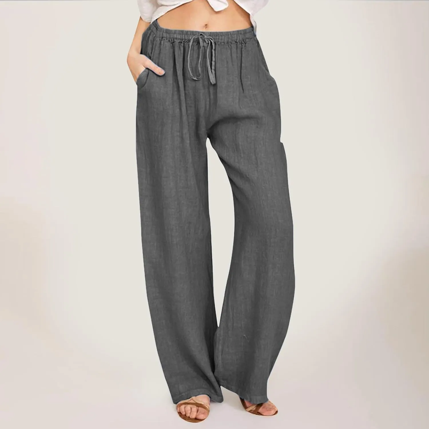 Linen Pants Women High Waist Wide Leg Pants Summer Cotton Linen Pants Casual Beach Trousers with Pockets