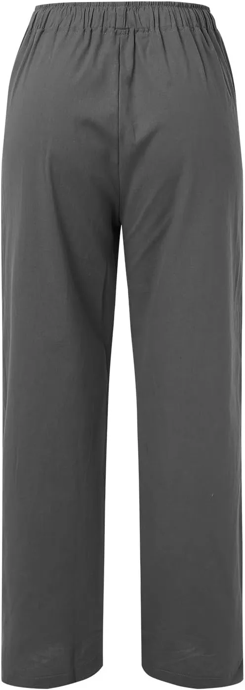 Linen Pants Women High Waist Wide Leg Pants Summer Cotton Linen Pants Casual Beach Trousers with Pockets