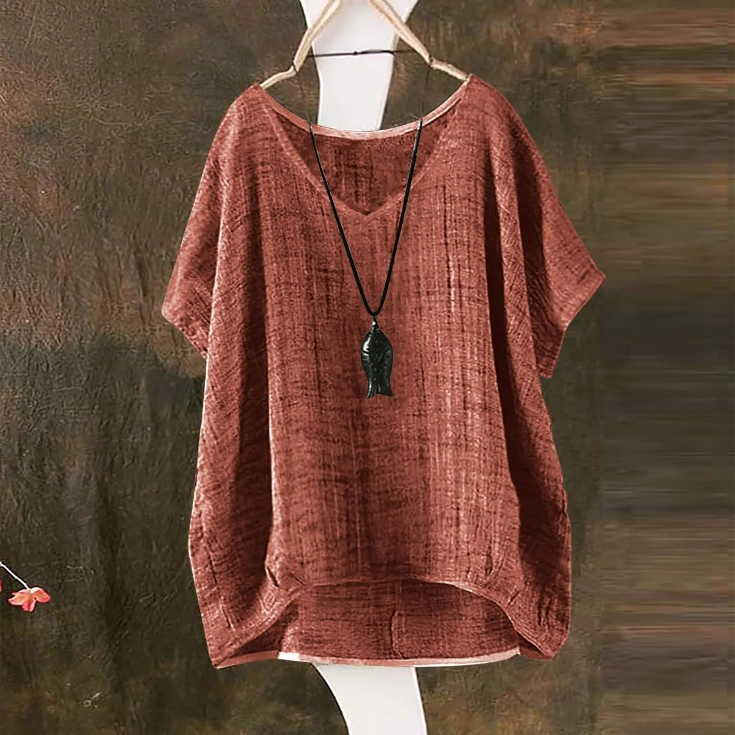 Linen Shirts for Women Summer 2025 Trendy Plus Size Crewneck Short Sleeve Cute Tops Casual Loose Fit Comfy Blouses