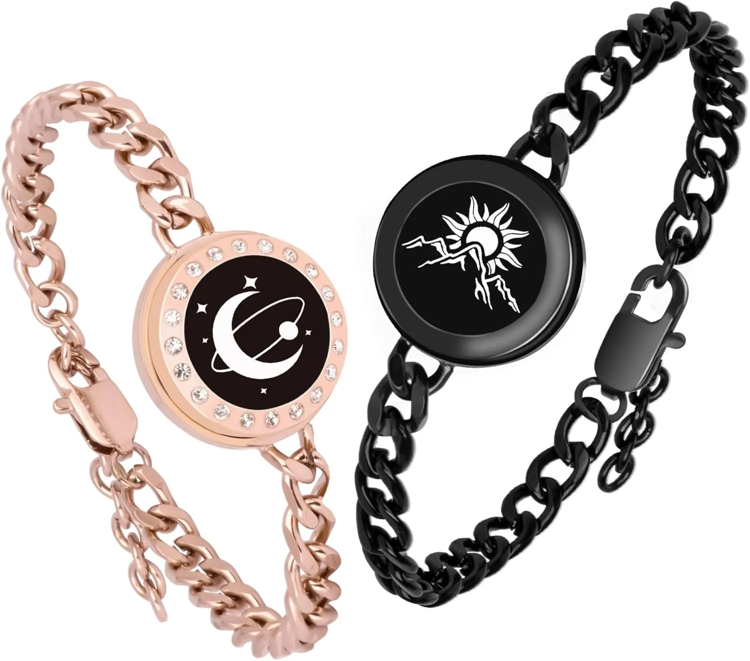 Long Distance Touch Bracelets,Vibration & Light up Remote Smart Matching Couples Bracelet for Couples Long Distance Relationship Girlfriend Boyfriend Black Gold Jewelry Set