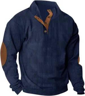Long Sleeve Shirts for Men Lightweight Quater Button Down Stand Collar Corduroy Shirt Casual Sweatshirt Sweater