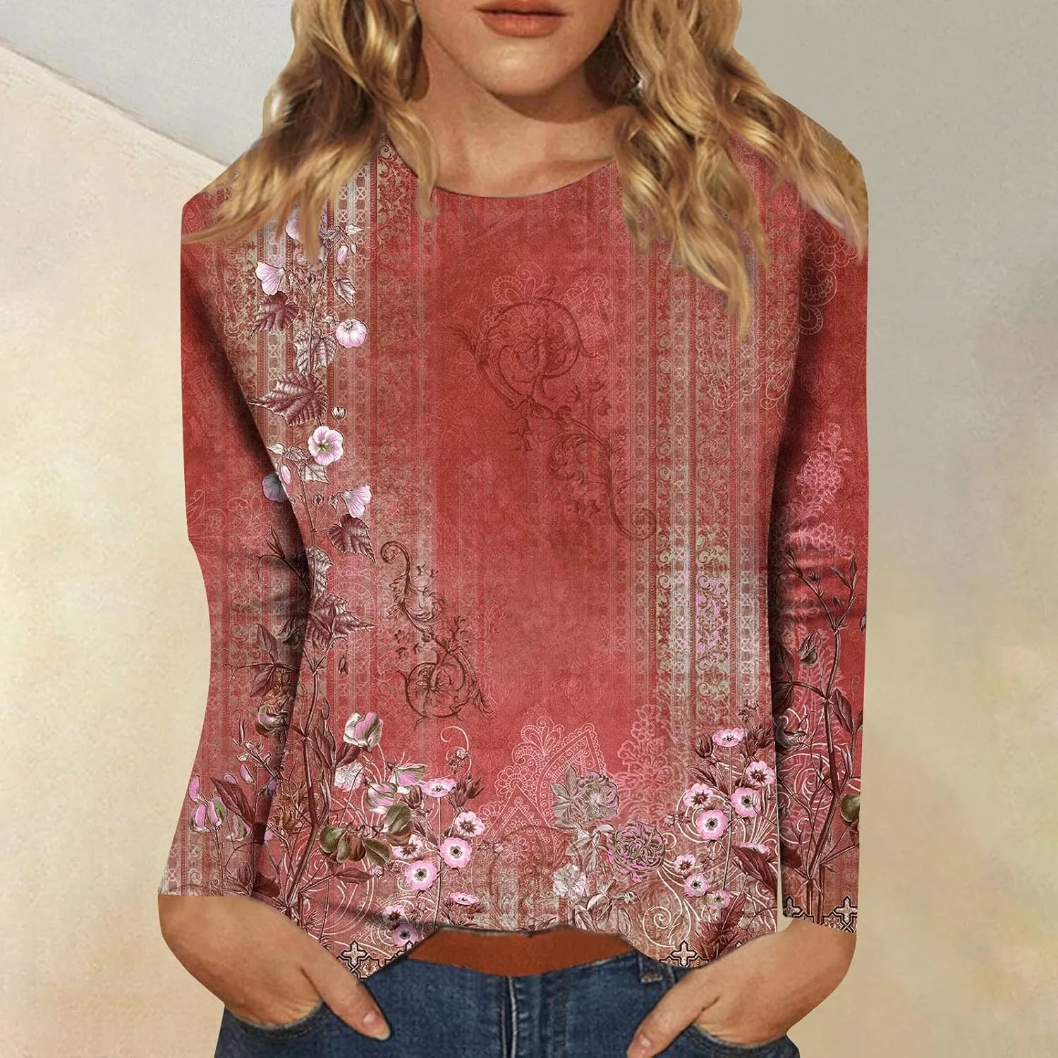Long Sleeve Shirts for Women - Womens T Shirts Long Sleeve Crew Neck Shirts Basic Tee Sort Comfy Printed Tops Blouse