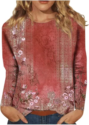 Long Sleeve Shirts for Women - Womens T Shirts Long Sleeve Crew Neck Shirts Basic Tee Sort Comfy Printed Tops Blouse