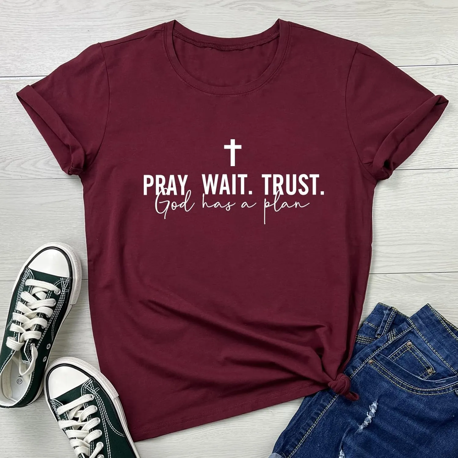 LOOKFACE Women Pray Wait Trust Soft Tees Cute Graphic T Shirts