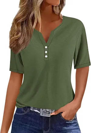 LRMQS Summer Tops for Women 2024 Trendy Vacation Short Sleeve Button V Neck T Shirt Boho Casual Fashion Spring Tee Clothes