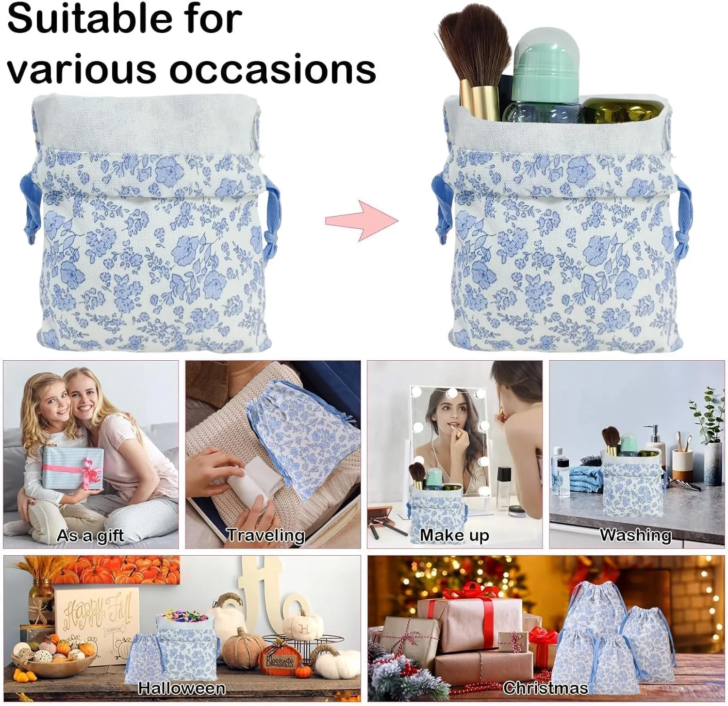 LYDZTION 4pcs Floral Drawstring Makeup Bags Pouches For Purse, Small Canvas Cloth Gift Bags Pouch For Cosmetics Jewerlry Home Travel Storage,Blue