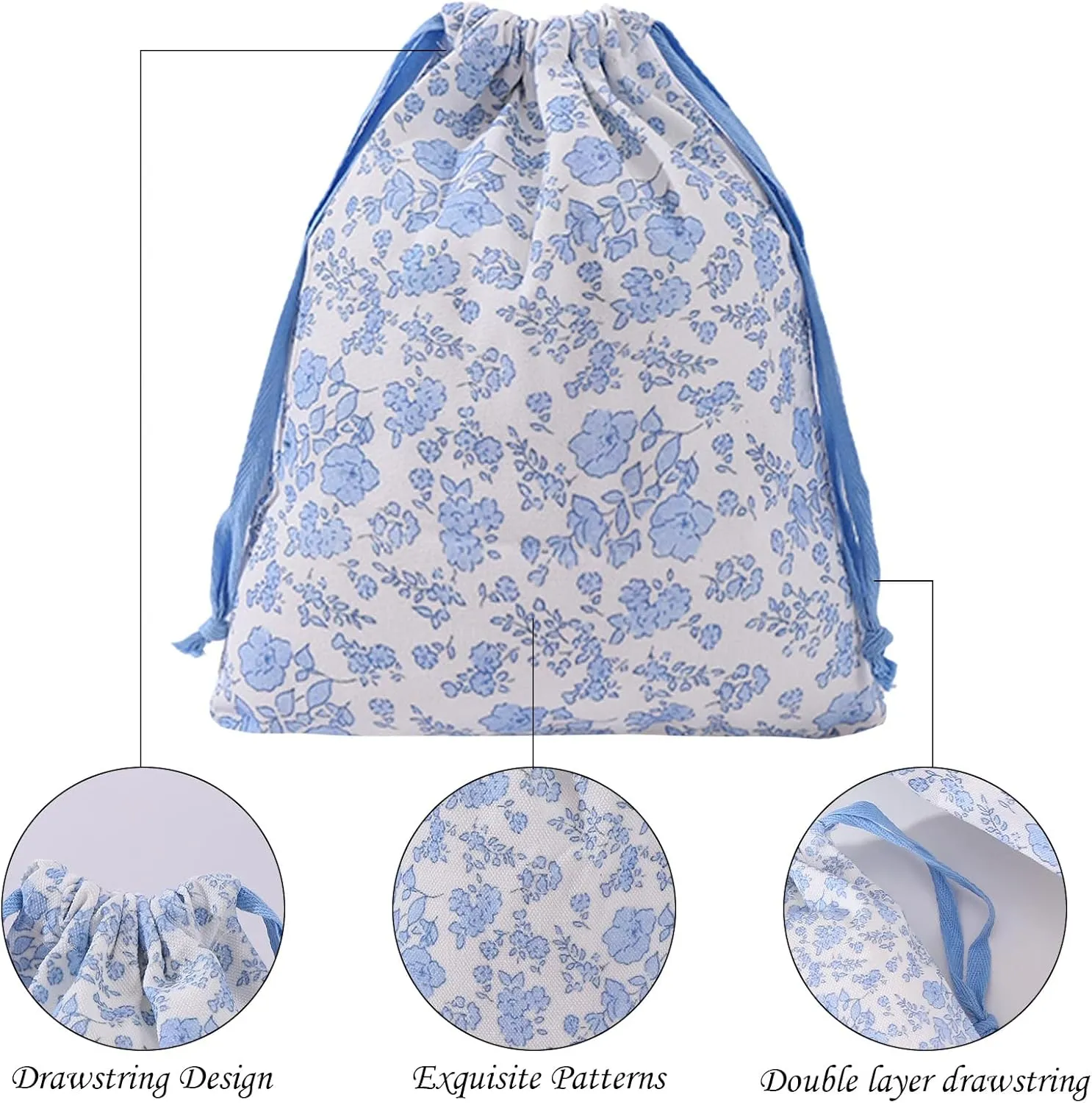 LYDZTION 4pcs Floral Drawstring Makeup Bags Pouches For Purse, Small Canvas Cloth Gift Bags Pouch For Cosmetics Jewerlry Home Travel Storage,Blue