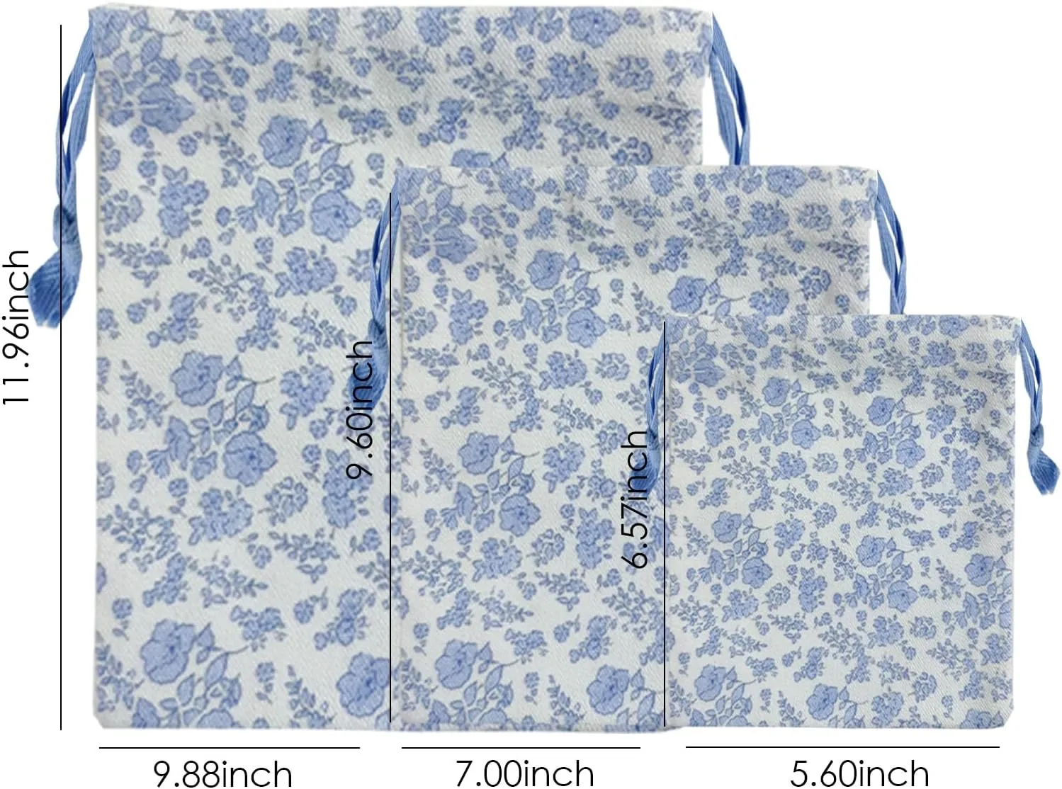 LYDZTION 4pcs Floral Drawstring Makeup Bags Pouches For Purse, Small Canvas Cloth Gift Bags Pouch For Cosmetics Jewerlry Home Travel Storage,Blue