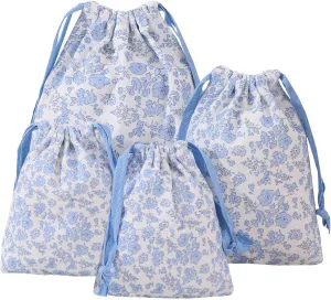 LYDZTION 4pcs Floral Drawstring Makeup Bags Pouches For Purse, Small Canvas Cloth Gift Bags Pouch For Cosmetics Jewerlry Home Travel Storage,Blue
