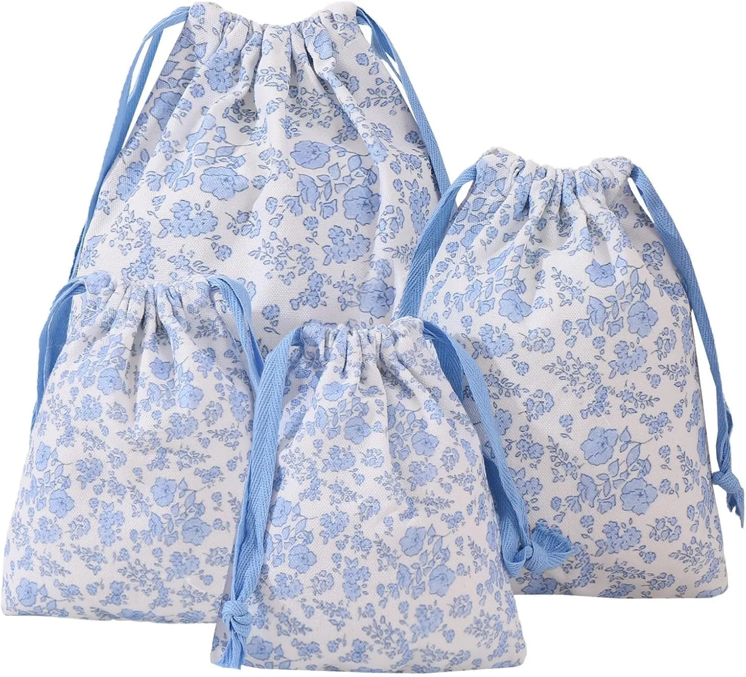 LYDZTION 4pcs Floral Drawstring Makeup Bags Pouches For Purse, Small Canvas Cloth Gift Bags Pouch For Cosmetics Jewerlry Home Travel Storage,Blue