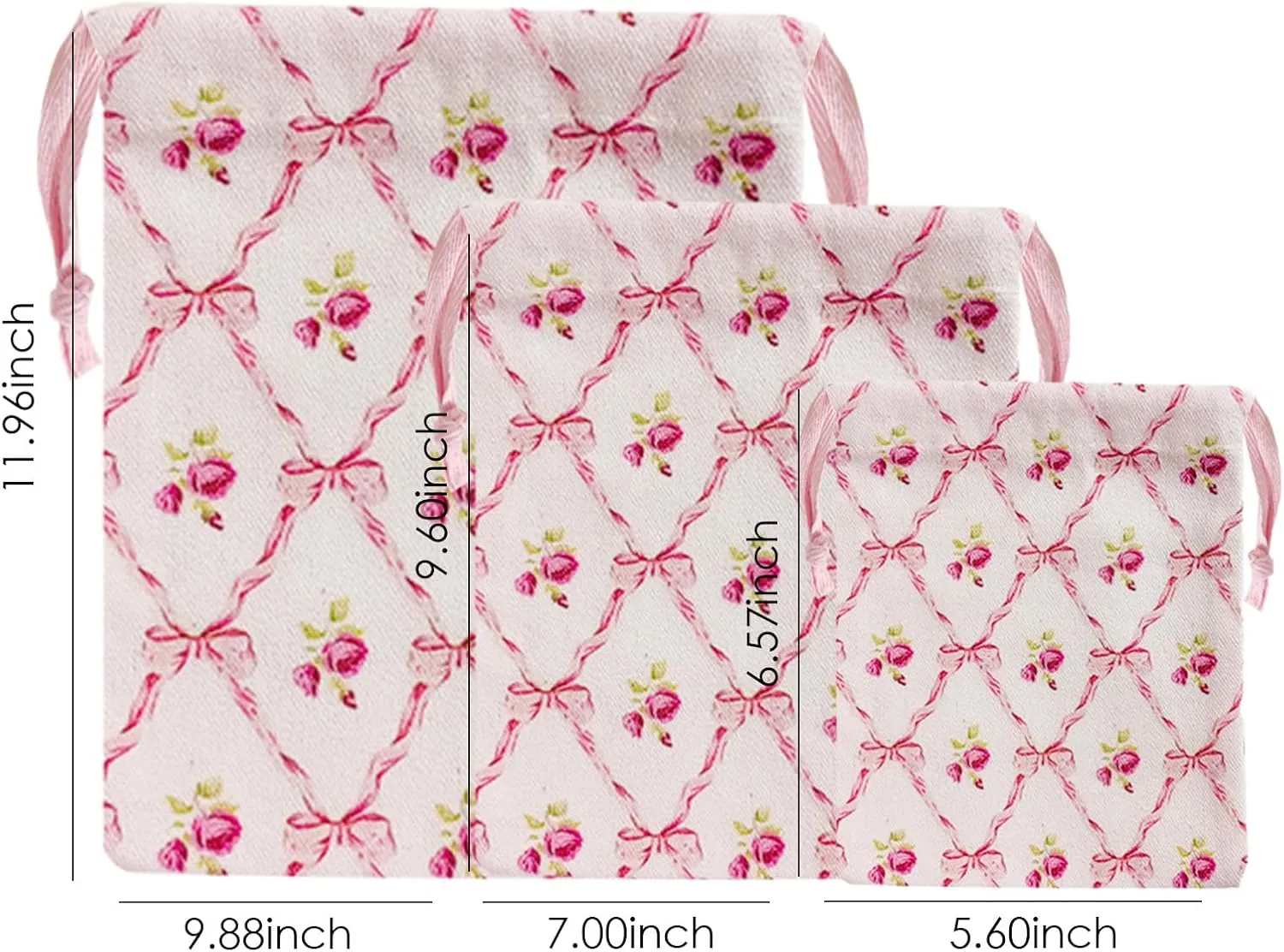 LYDZTION 4pcs Floral Drawstring Makeup Bags Pouches For Purse, Small Canvas Cloth Gift Bags Pouch For Cosmetics Jewerlry Home Travel Storage,Rose Bow