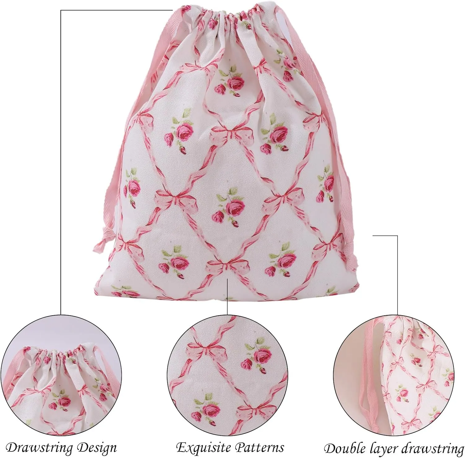 LYDZTION 4pcs Floral Drawstring Makeup Bags Pouches For Purse, Small Canvas Cloth Gift Bags Pouch For Cosmetics Jewerlry Home Travel Storage,Rose Bow