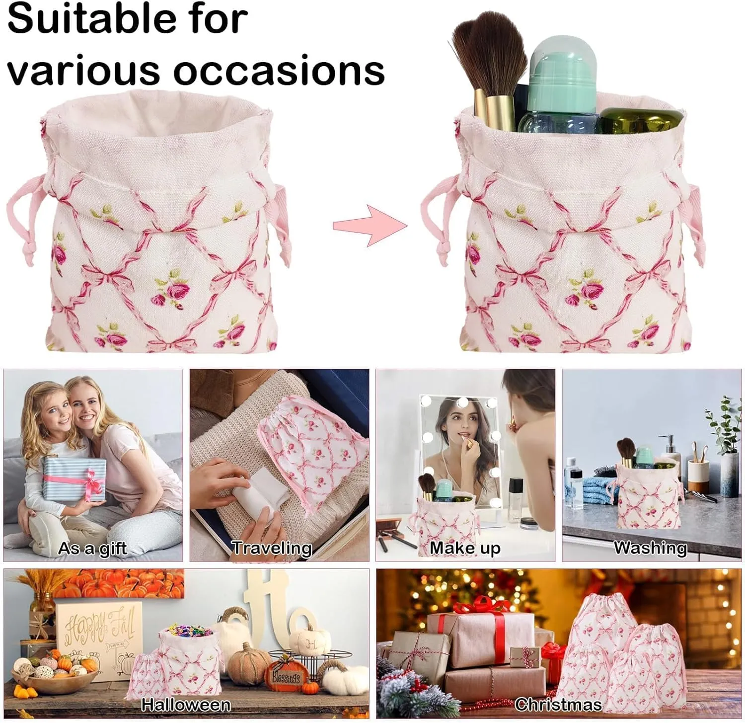 LYDZTION 4pcs Floral Drawstring Makeup Bags Pouches For Purse, Small Canvas Cloth Gift Bags Pouch For Cosmetics Jewerlry Home Travel Storage,Rose Bow