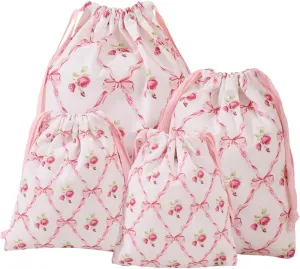 LYDZTION 4pcs Floral Drawstring Makeup Bags Pouches For Purse, Small Canvas Cloth Gift Bags Pouch For Cosmetics Jewerlry Home Travel Storage,Rose Bow