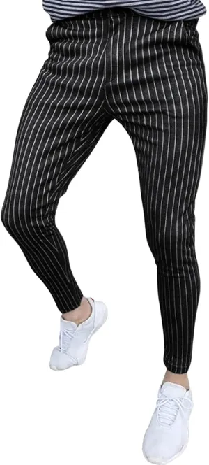 Maiyifu-GJ Mens Stretch Skinny Dress Pants Slim Fit Pinstripe Formal Pants Casual Business Flat Front Chino Trousers
