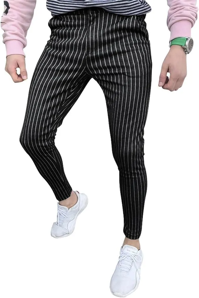 Maiyifu-GJ Mens Stretch Skinny Dress Pants Slim Fit Pinstripe Formal Pants Casual Business Flat Front Chino Trousers