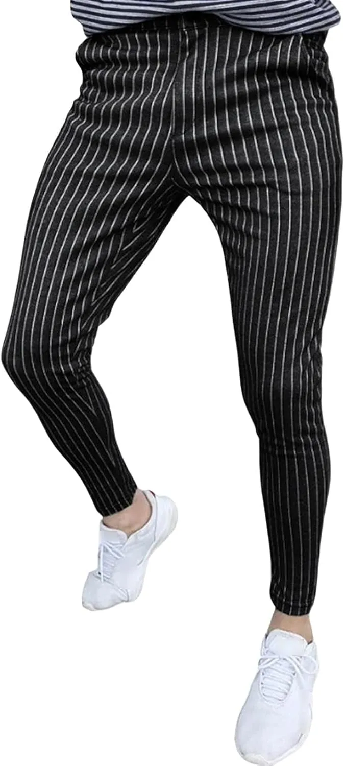 Maiyifu-GJ Mens Stretch Skinny Dress Pants Slim Fit Pinstripe Formal Pants Casual Business Flat Front Chino Trousers
