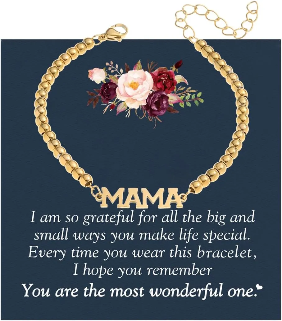 Mama Bracelet For Women, To My Mom 18k Gold Plated 4MM Stainless Steel Beads Chain Mothers Day Statement Charm Gift Jewelry