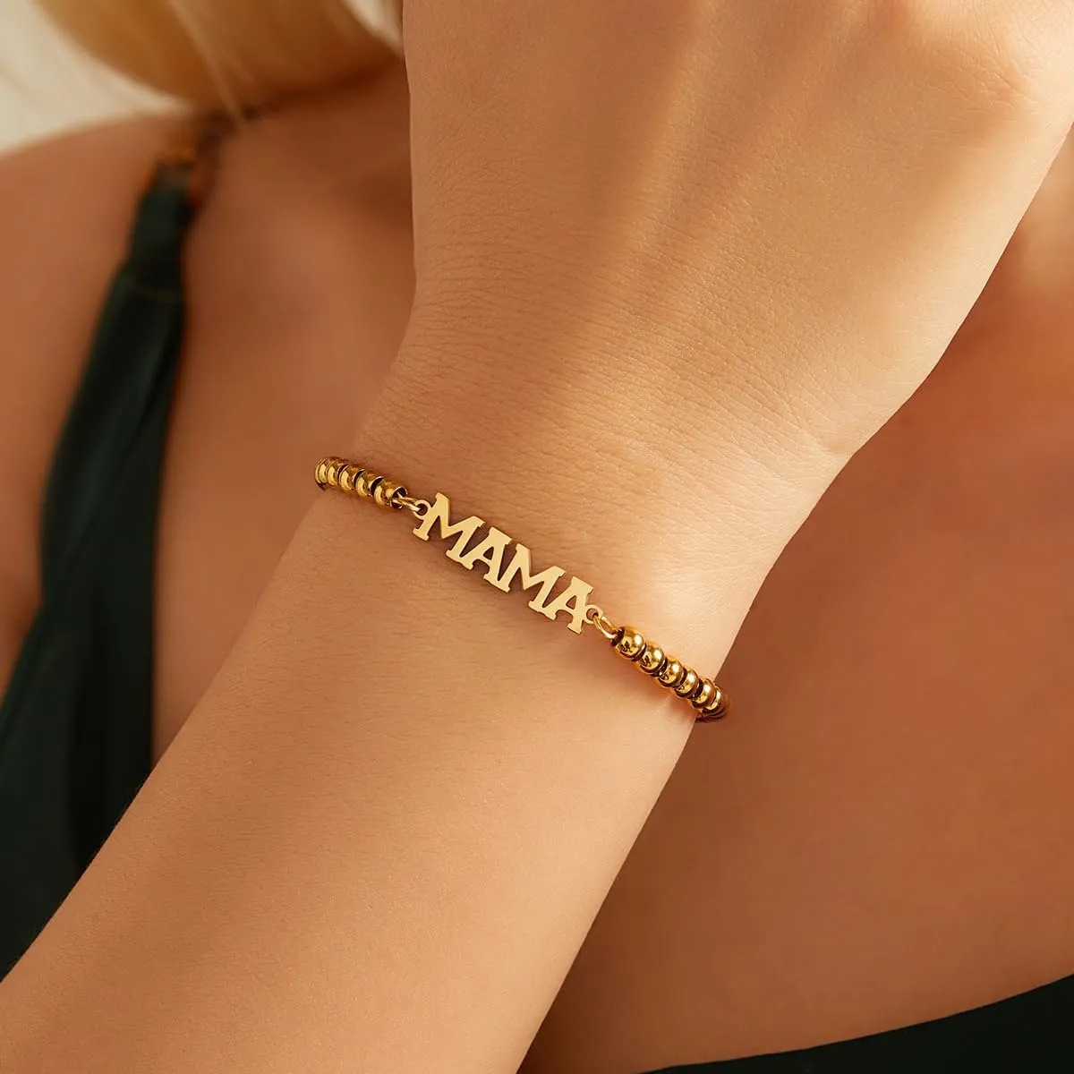 Mama Bracelet For Women, To My Mom 18k Gold Plated 4MM Stainless Steel Beads Chain Mothers Day Statement Charm Gift Jewelry