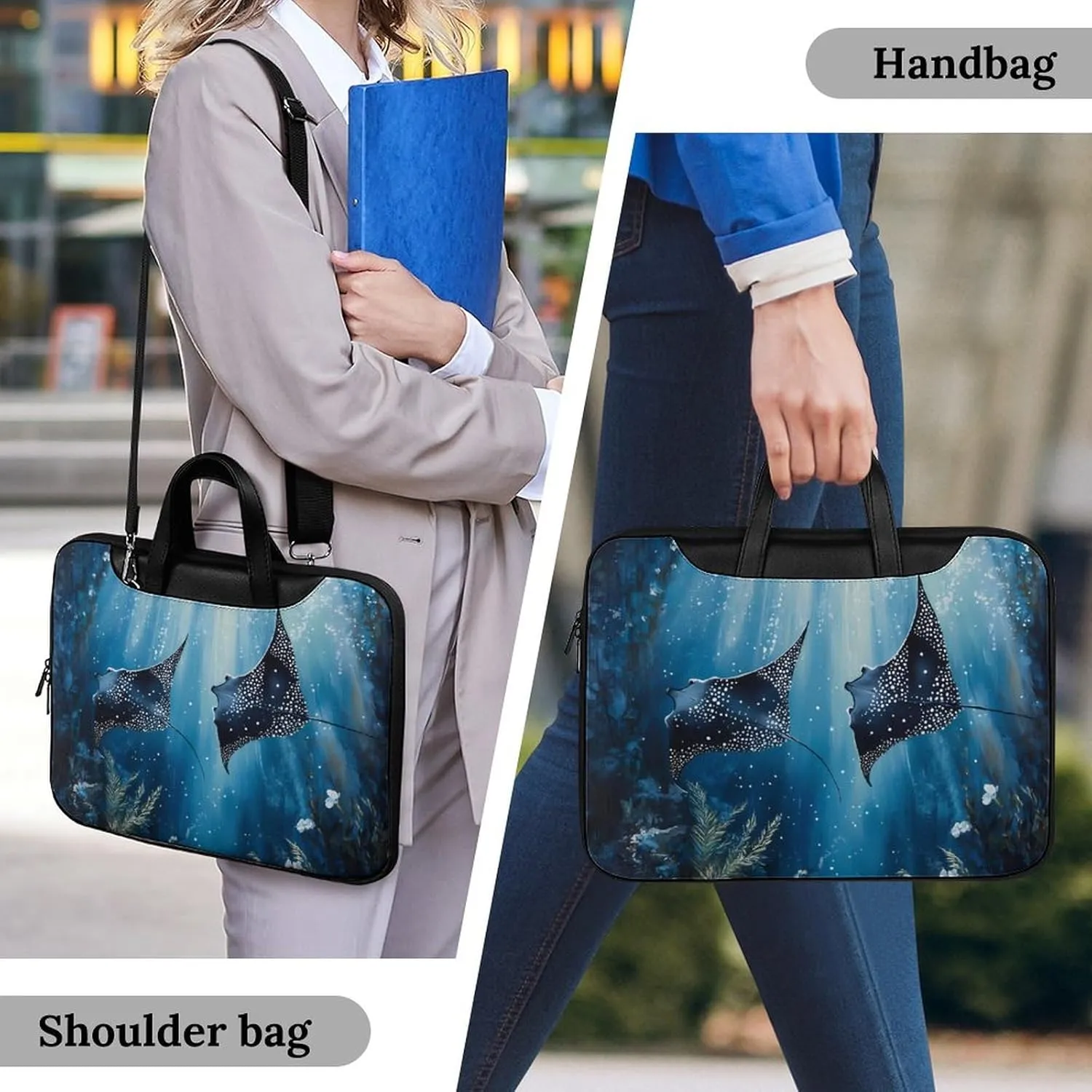 Manta Rays in The Ocean Leather Bag Laptop Case Slim Water Resistant Computer Bags with Handle Briefcase for Work