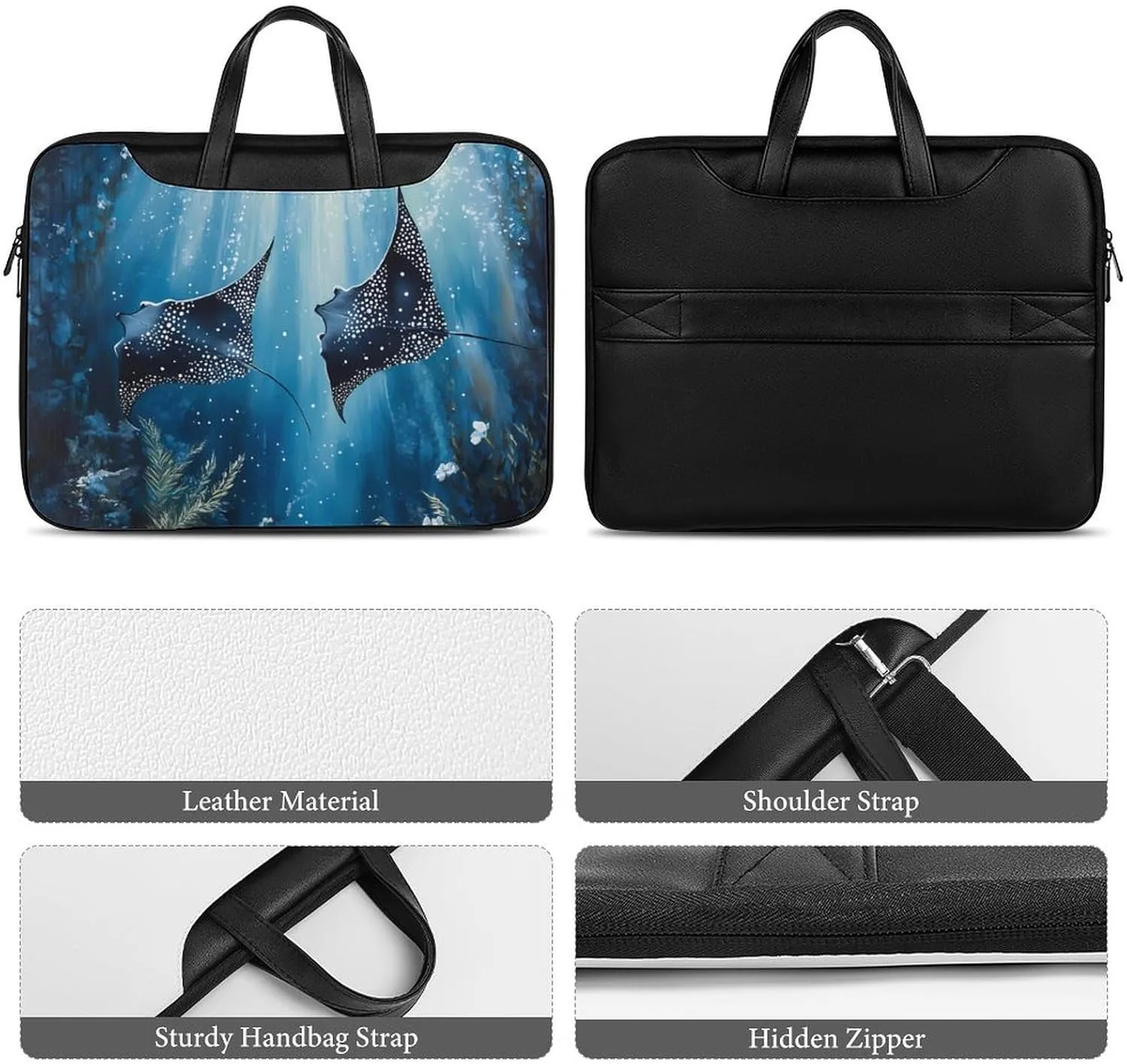 Manta Rays in The Ocean Leather Bag Laptop Case Slim Water Resistant Computer Bags with Handle Briefcase for Work