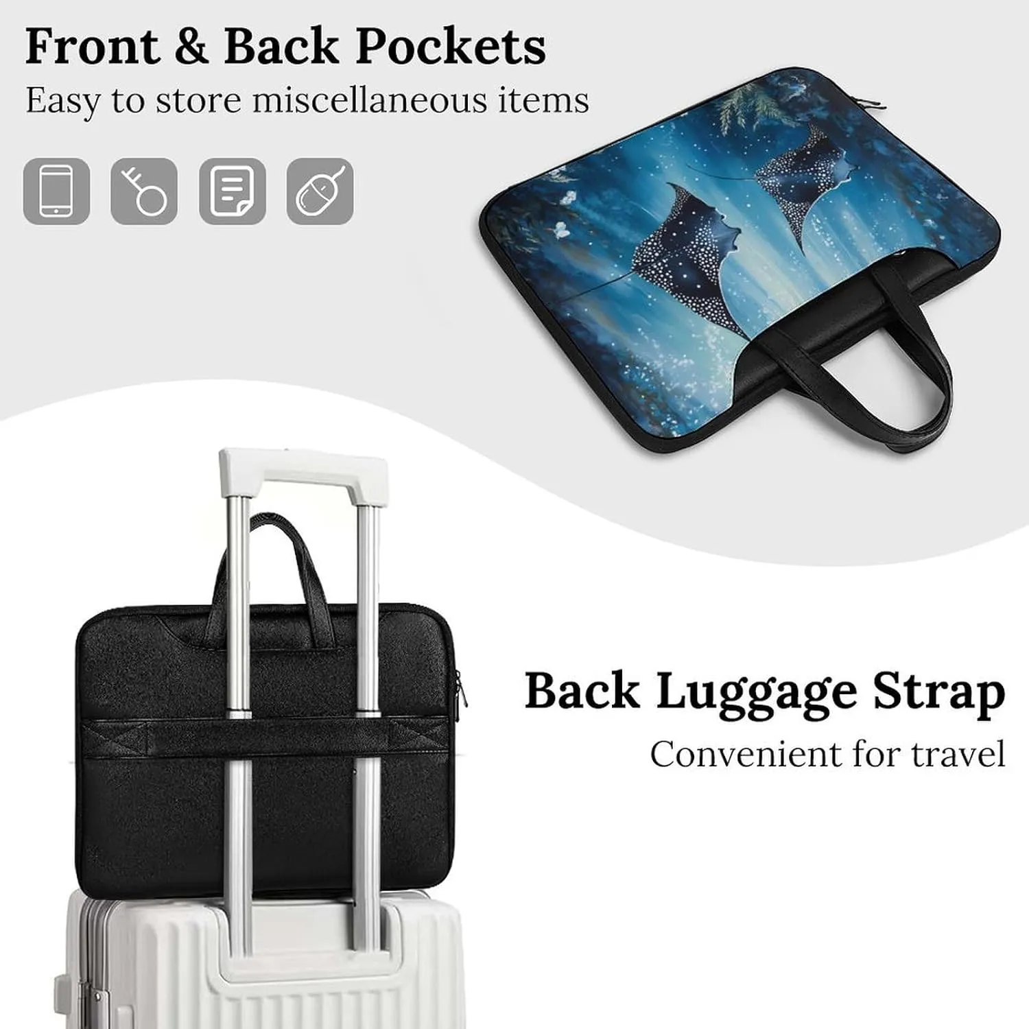 Manta Rays in The Ocean Leather Bag Laptop Case Slim Water Resistant Computer Bags with Handle Briefcase for Work