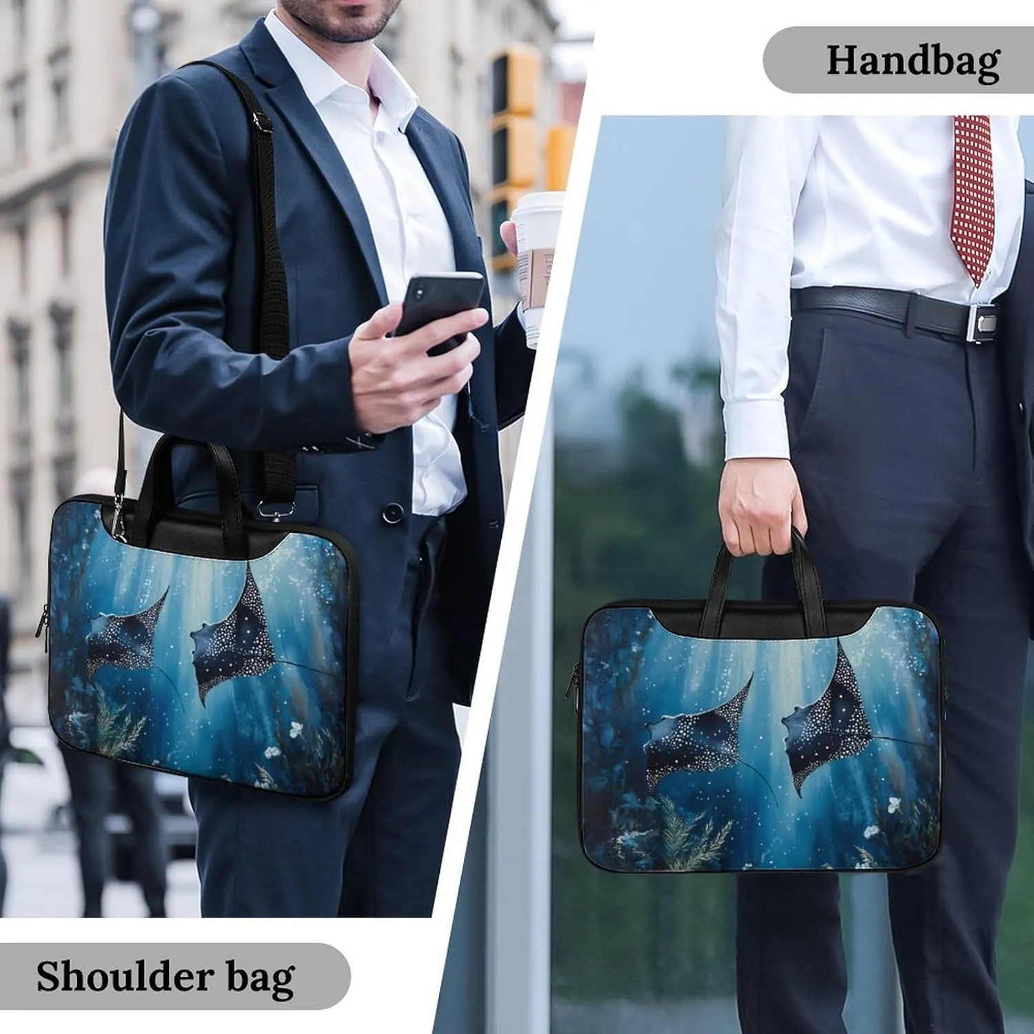 Manta Rays in The Ocean Leather Bag Laptop Case Slim Water Resistant Computer Bags with Handle Briefcase for Work