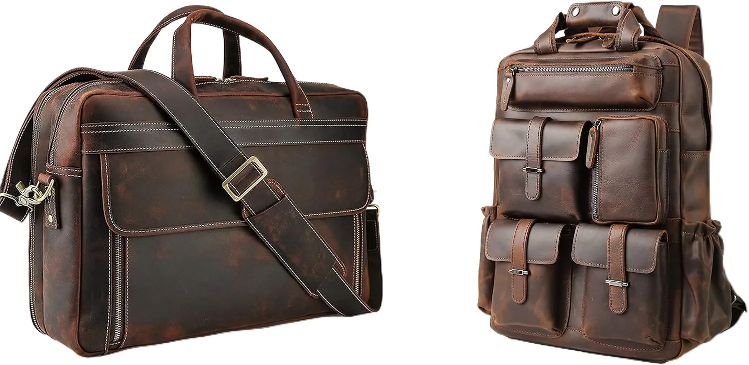 Masa Kawa Leather Backpack for Men Fits 15.6 Inch Laptop and Leather Briefcase for Men Fits 17 Inch Laptop
