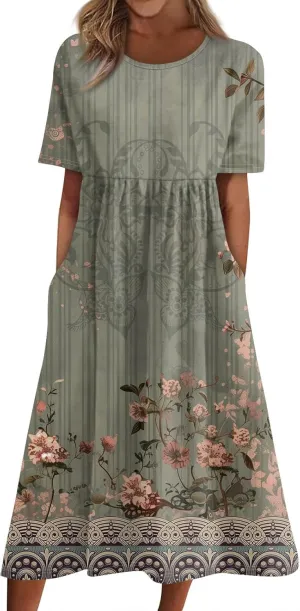 Maxi Dress for Women,2024 Summer Casual Loose V Neck Short Sleeve Beach Dress Flowy Long Dress with Pockets