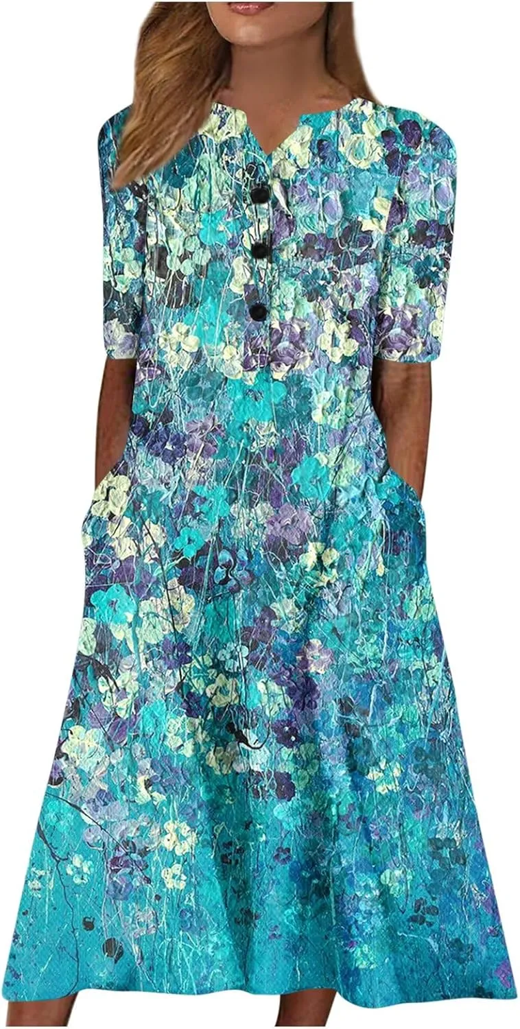 Maxi Dress for Women,2024 Summer Casual Loose V Neck Short Sleeve Beach Dress Flowy Long Dress with Pockets