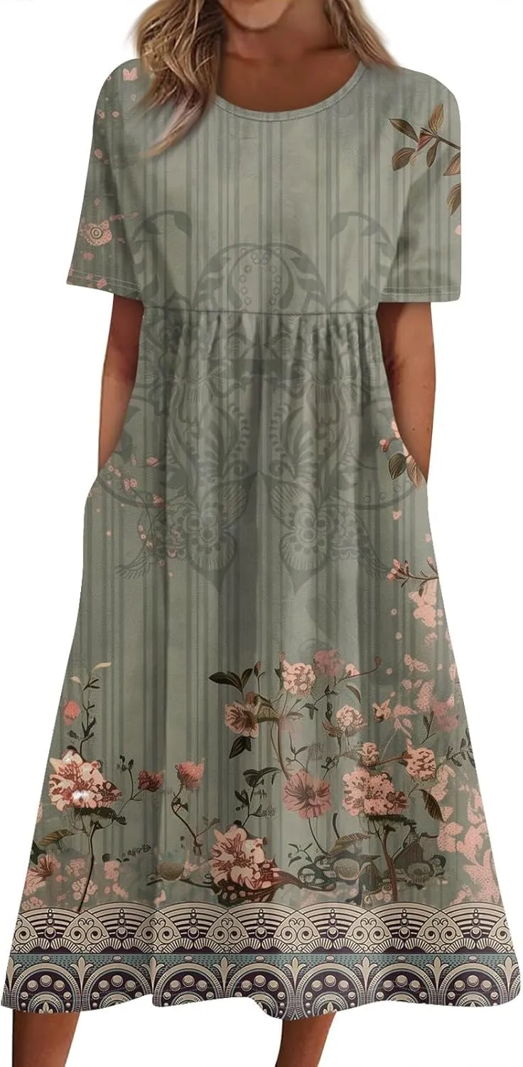 Maxi Dress for Women,2024 Summer Casual Loose V Neck Short Sleeve Beach Dress Flowy Long Dress with Pockets