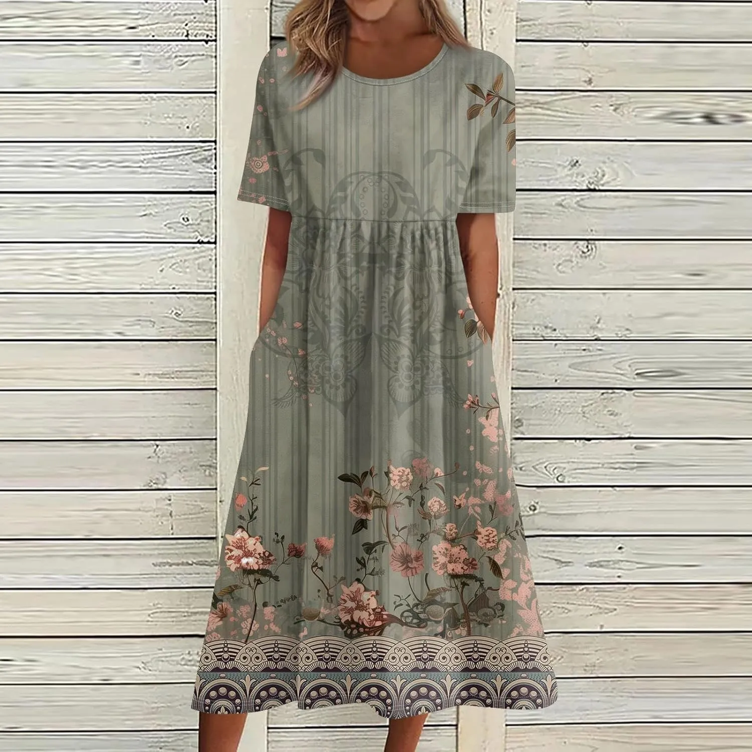 Maxi Dress for Women,2024 Summer Casual Loose V Neck Short Sleeve Beach Dress Flowy Long Dress with Pockets