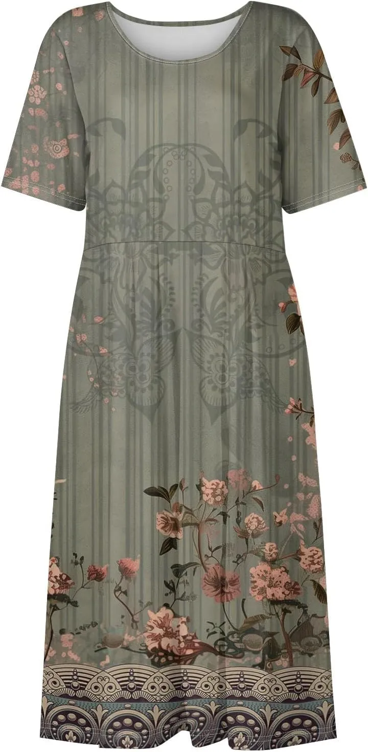 Maxi Dress for Women,2024 Summer Casual Loose V Neck Short Sleeve Beach Dress Flowy Long Dress with Pockets