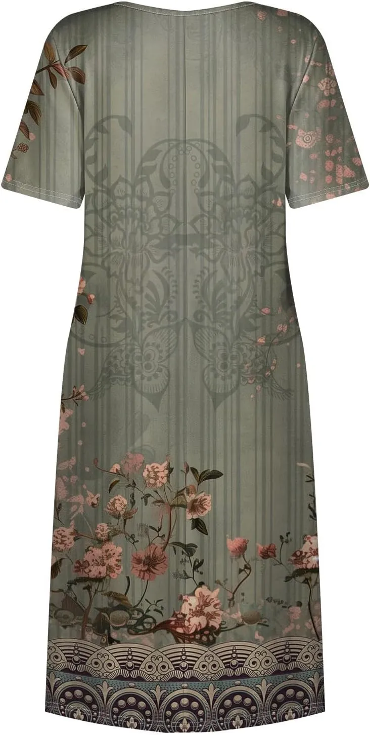 Maxi Dress for Women,2024 Summer Casual Loose V Neck Short Sleeve Beach Dress Flowy Long Dress with Pockets