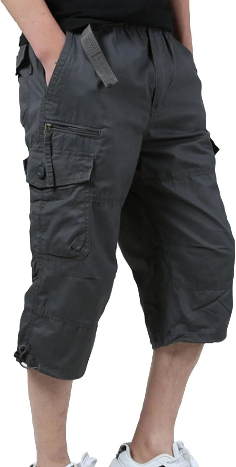Mens 3/4 Relaxed Fit Army Tactical Running Shorts Cargo Shorts 7 Pockets Elastic Waist Cotton Sports Hiking Pants 2024 Trend