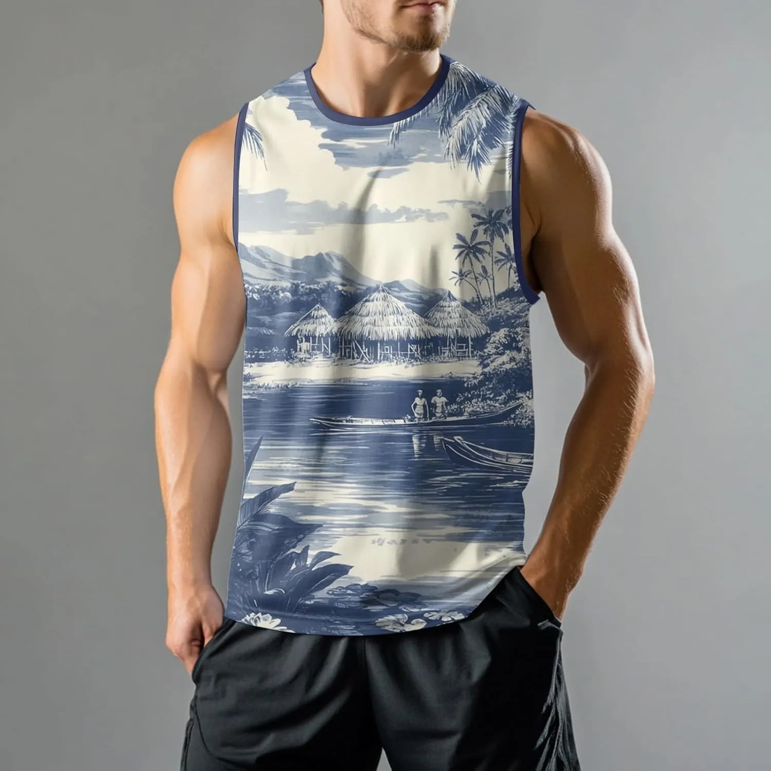 Mens Beach Tank Tops Sleeveless Hawaiian Shirts for Men Summer Palm Tree Graphic Workout Gym Tshirts