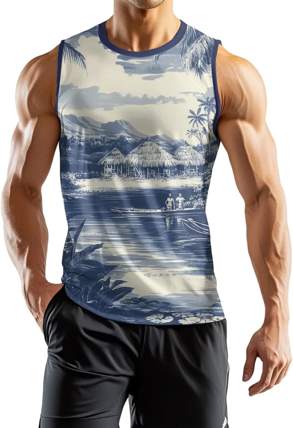 Mens Beach Tank Tops Sleeveless Hawaiian Shirts for Men Summer Palm Tree Graphic Workout Gym Tshirts