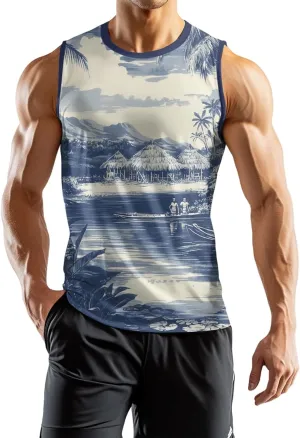 Mens Beach Tank Tops Sleeveless Hawaiian Shirts for Men Summer Palm Tree Graphic Workout Gym Tshirts