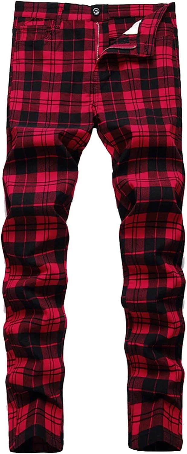 Mens Big and Tall Chino Pants Stretch Skinny Slim Fit Plaid Dress Pants Flat-Front Casual Work Business Golf Pants