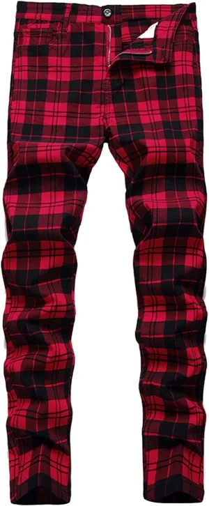 Mens Big and Tall Chino Pants Stretch Skinny Slim Fit Plaid Dress Pants Flat-Front Casual Work Business Golf Pants