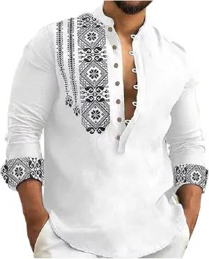 Mens Button Up Cotton Linen Henley Shirt Long Sleeve Hippie Casual African Print Tshirts Band Collar Beach Party Yoga Tops