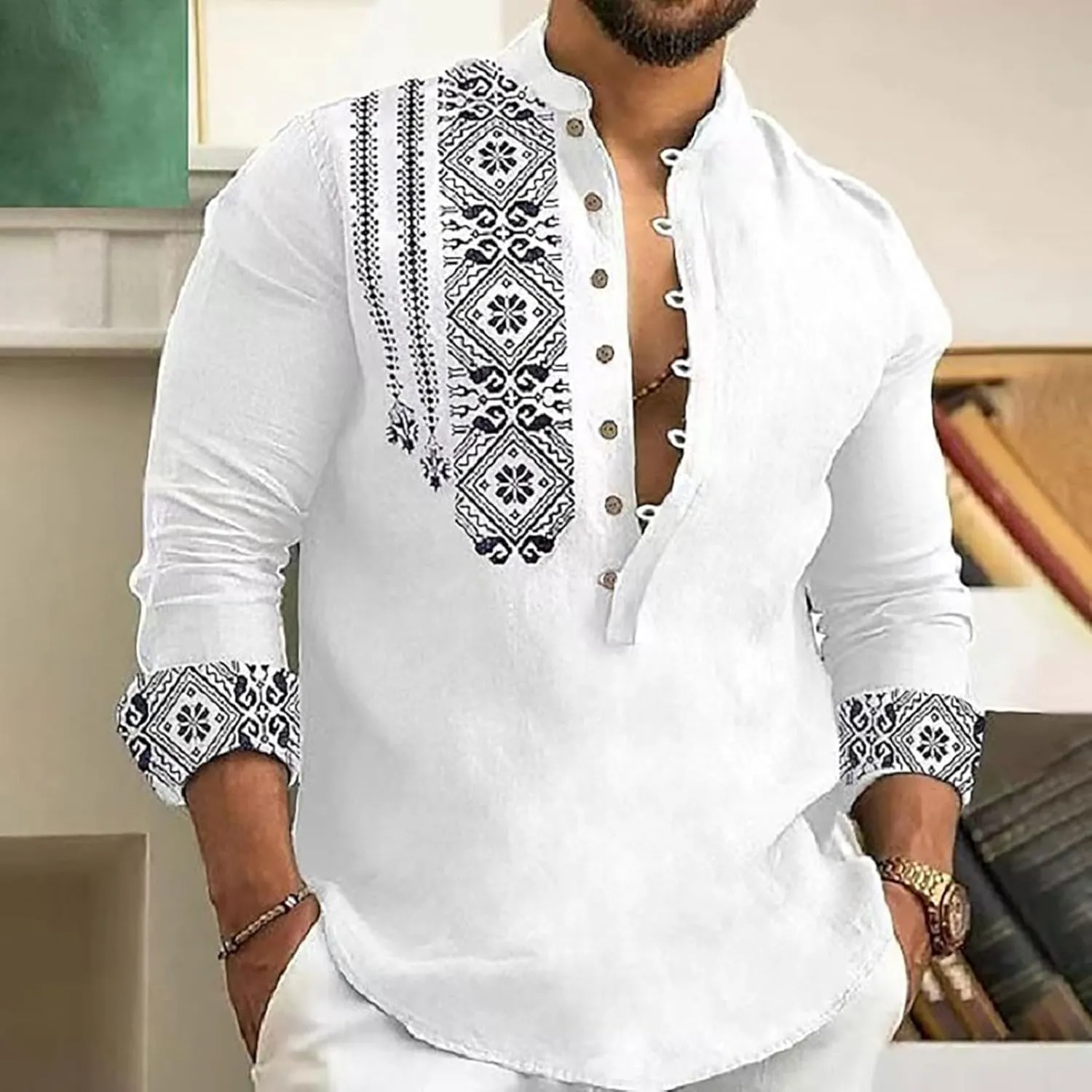 Mens Button Up Cotton Linen Henley Shirt Long Sleeve Hippie Casual African Print Tshirts Band Collar Beach Party Yoga Tops