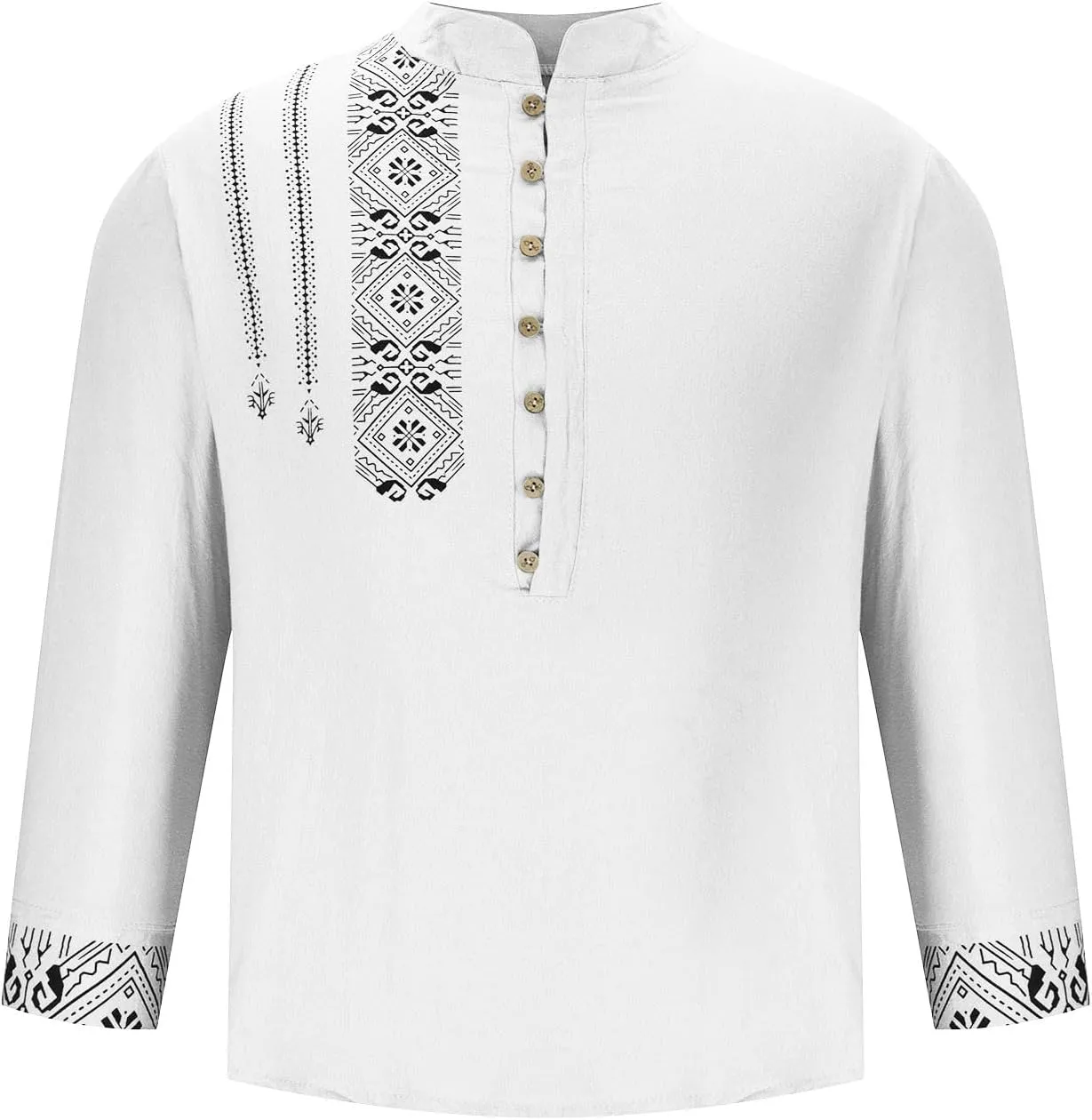 Mens Button Up Cotton Linen Henley Shirt Long Sleeve Hippie Casual African Print Tshirts Band Collar Beach Party Yoga Tops