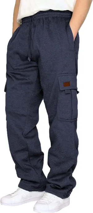 Men's Cargo Pants Fleece Casual Joggers Athletic Pants Cotton Drawstring Loose Fit Straight Sweatpants