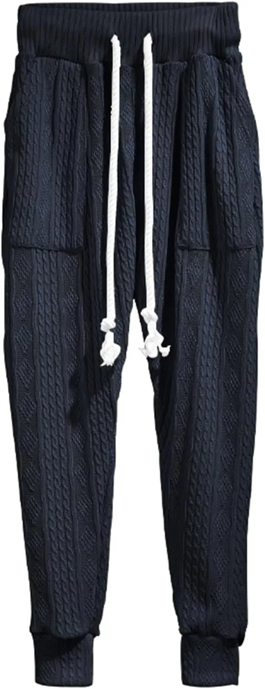Mens Casual Chino Knitted Pants Elasticated Waist Drawstring Lightweight Sweatpants Loose Fashion Jogging Trousers