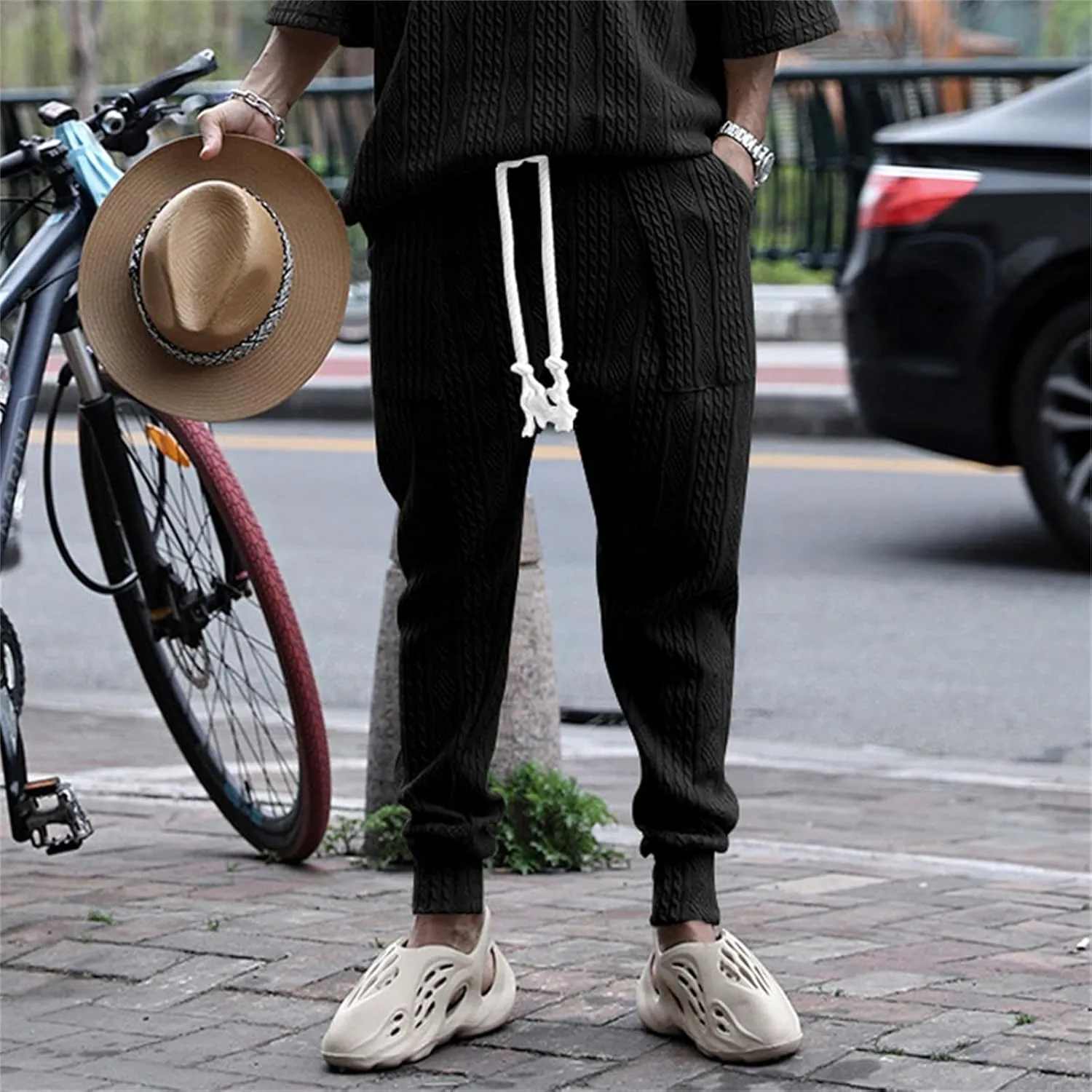 Mens Casual Chino Knitted Pants Elasticated Waist Drawstring Lightweight Sweatpants Loose Fashion Jogging Trousers