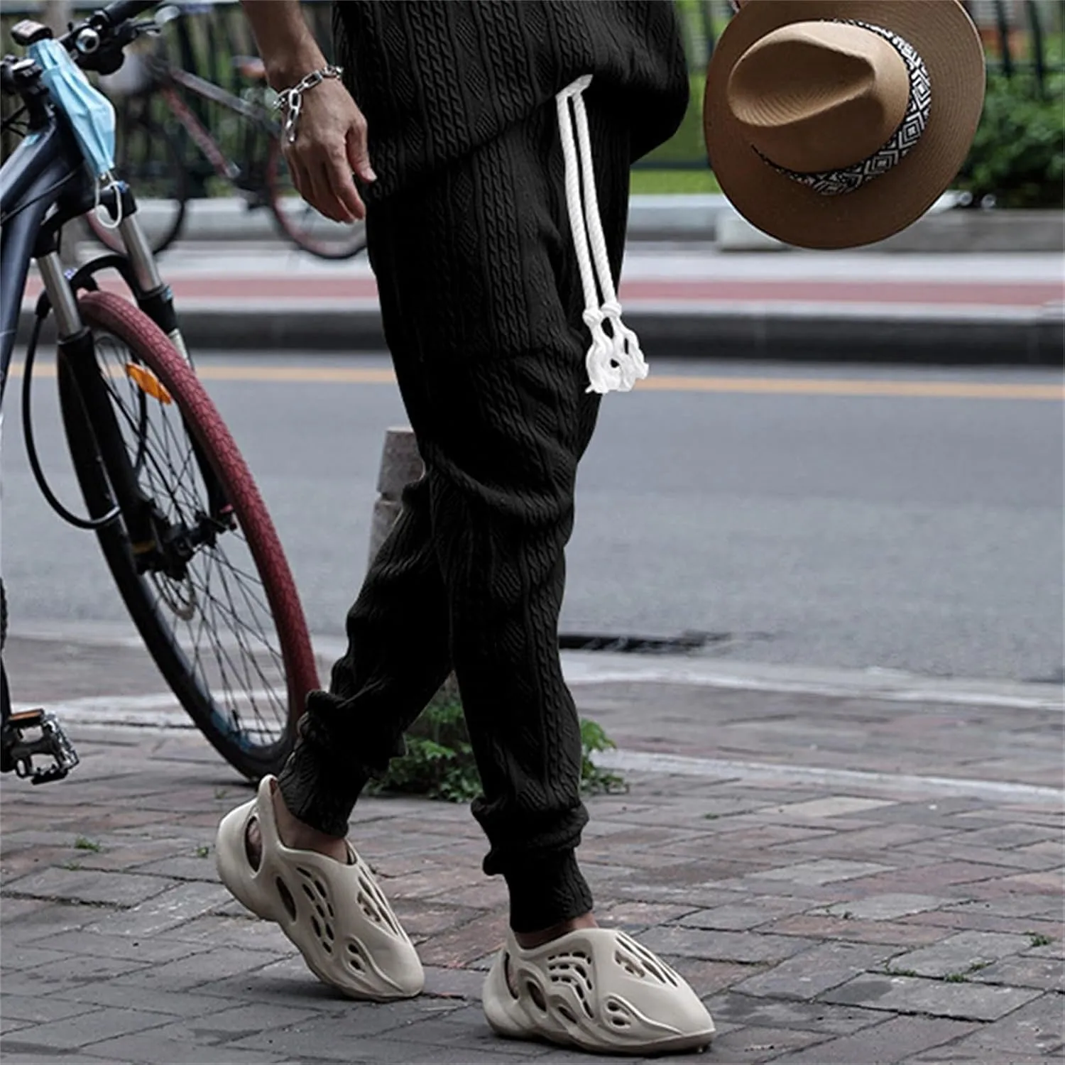 Mens Casual Chino Knitted Pants Elasticated Waist Drawstring Lightweight Sweatpants Loose Fashion Jogging Trousers