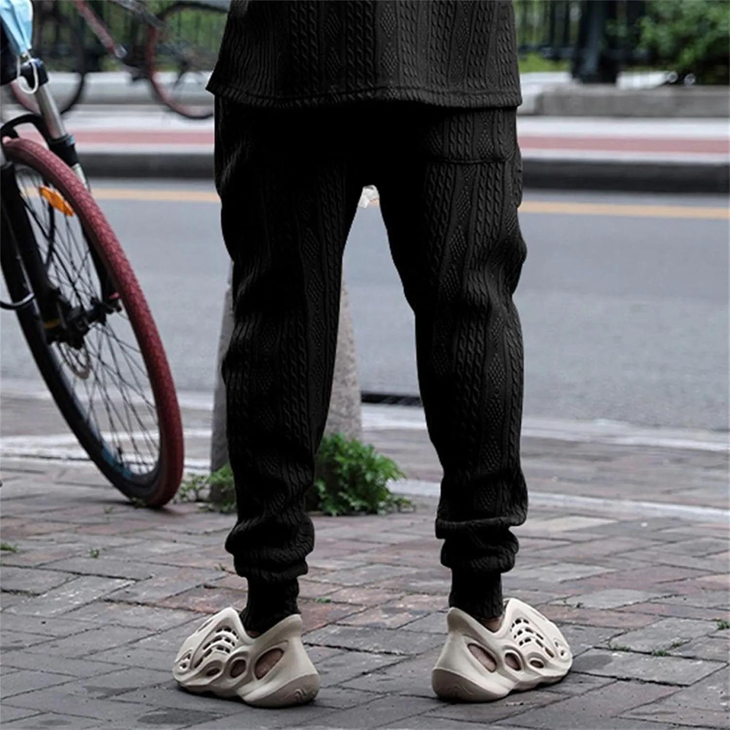 Mens Casual Chino Knitted Pants Elasticated Waist Drawstring Lightweight Sweatpants Loose Fashion Jogging Trousers