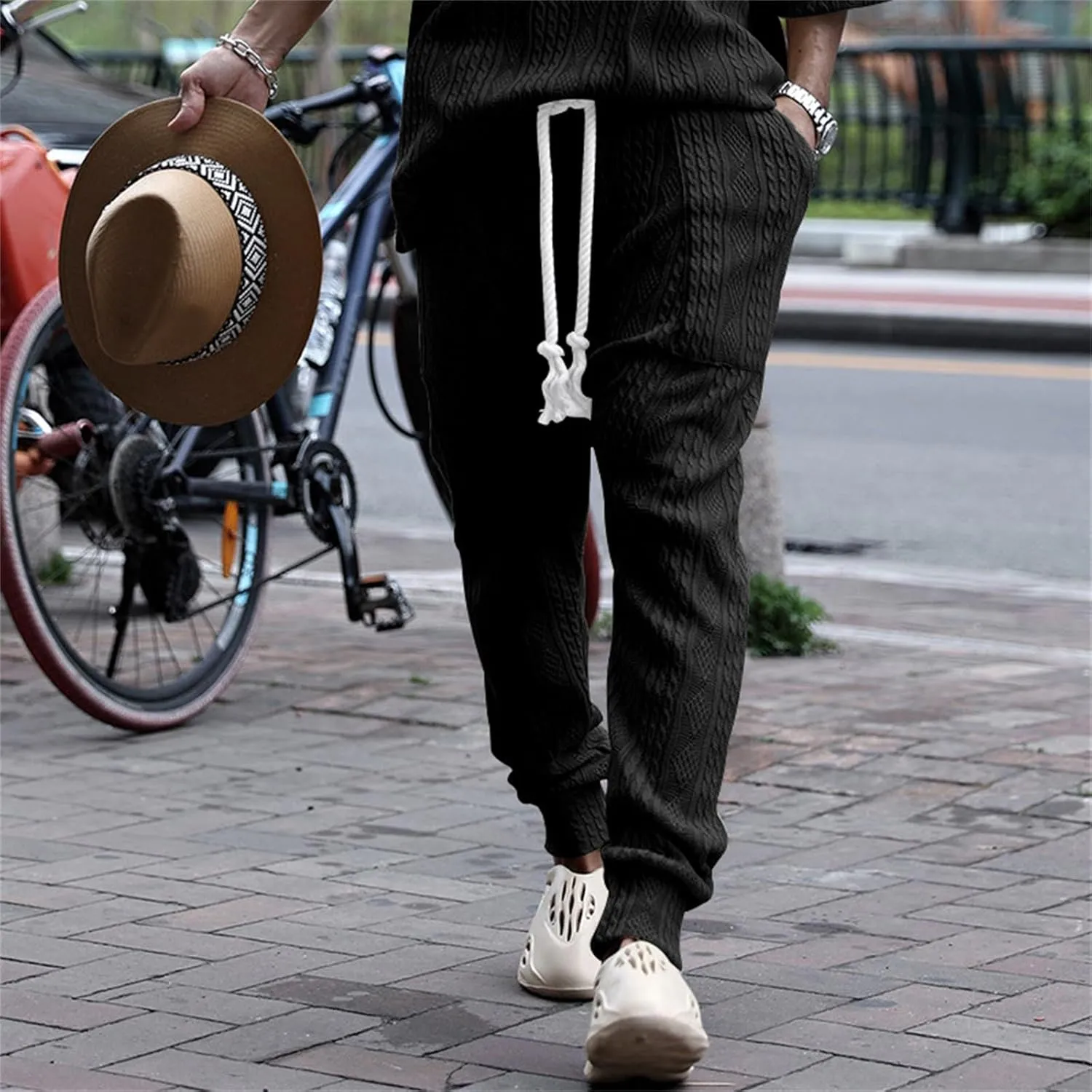 Mens Casual Chino Knitted Pants Elasticated Waist Drawstring Lightweight Sweatpants Loose Fashion Jogging Trousers